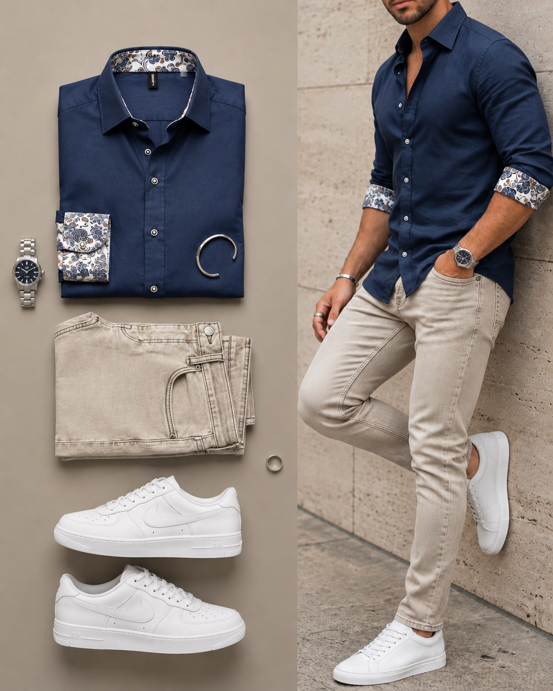 Men's Color Matching Floral Patchwork Long-Sleeve Shirt & Jeans Pants Two-Piece Set