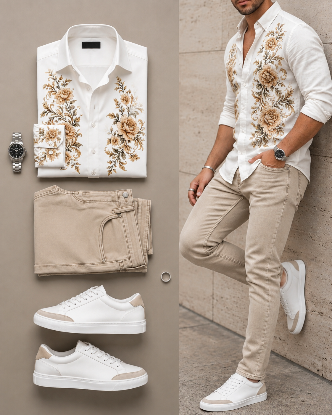 Men's Color Matching Floral Patchwork Long-Sleeve Shirt & Jeans Pants Two-Piece Set