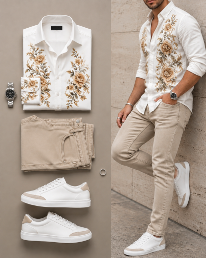 Men's Color Matching Floral Patchwork Long-Sleeve Shirt & Jeans Pants Two-Piece Set