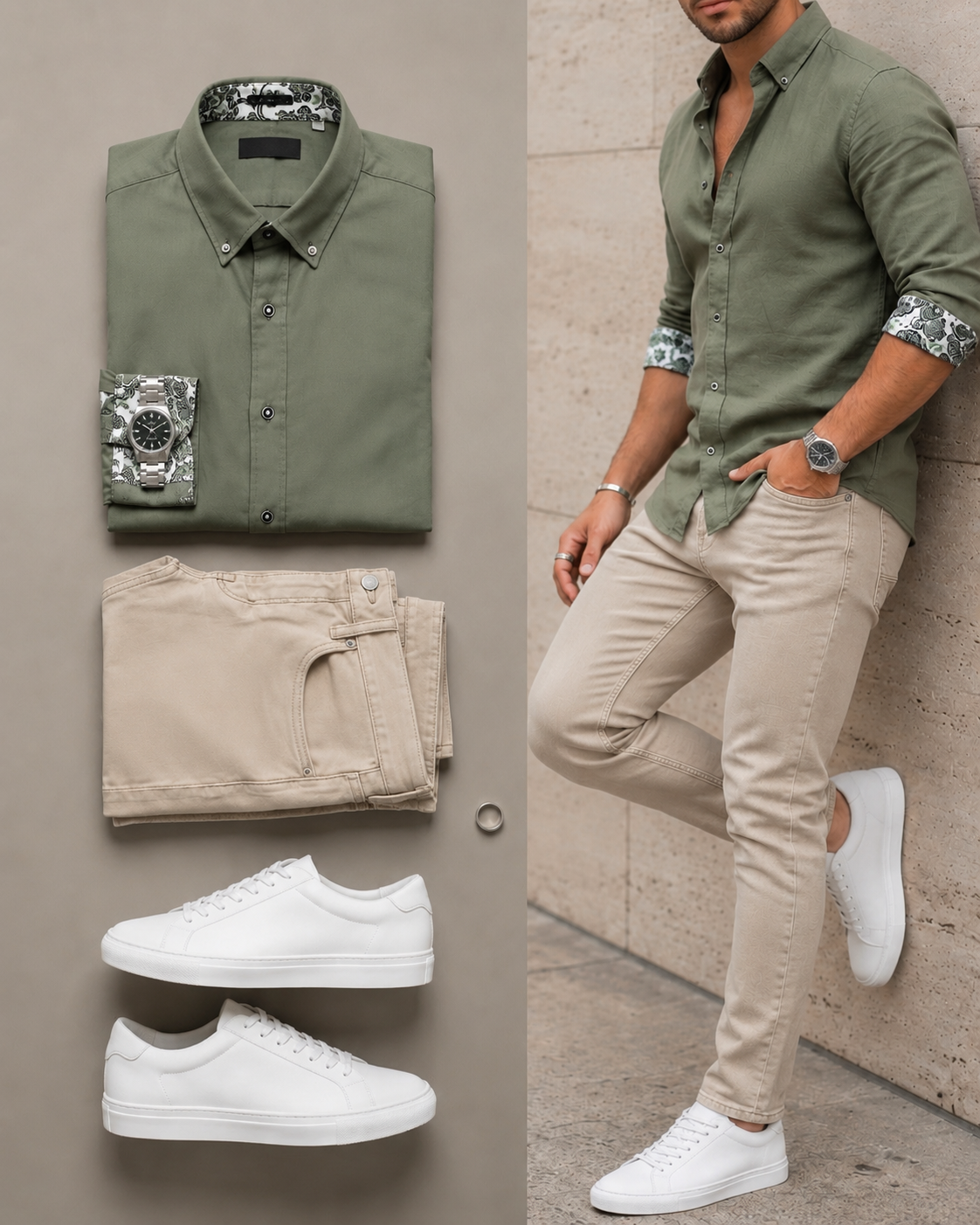 Men's Color Matching Floral Patchwork Long-Sleeve Shirt & Jeans Pants Two-Piece Set