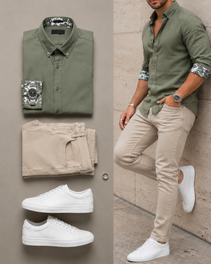Men's Color Matching Floral Patchwork Long-Sleeve Shirt & Jeans Pants Two-Piece Set