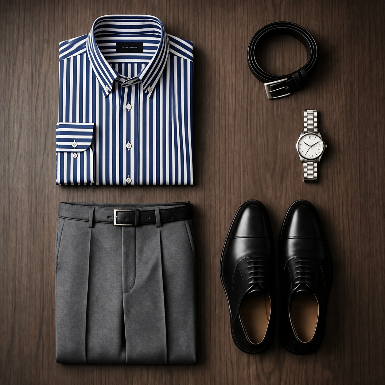 Men's Blue‑White Striped Long Sleeves Shirt & Gray Dress Pants Two‑Piece Set