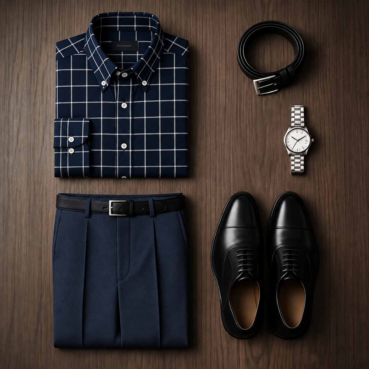 Men's Navy Grid Long Sleeves Shirt & Navy Dress Pants Two‑Piece Set