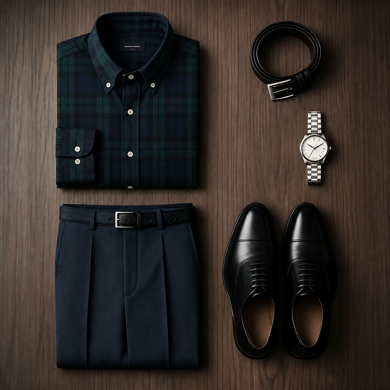 Men's Dark Green Plaid Long Sleeves Shirt & Navy Dress Pants Two‑Piece Set