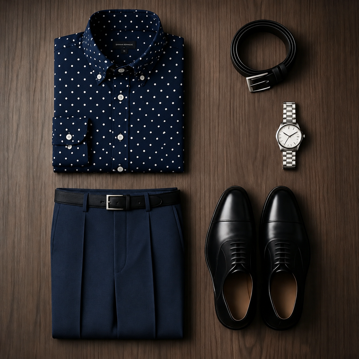 Men's Navy Polka Dot Long Sleeves Shirt & Navy Dress Pants Two‑Piece Set