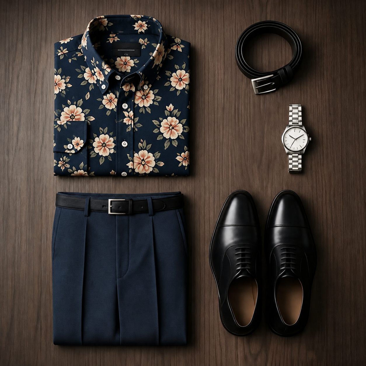 Men's Navy Floral Long Sleeves Shirt & Navy Dress Pants Two‑Piece Set