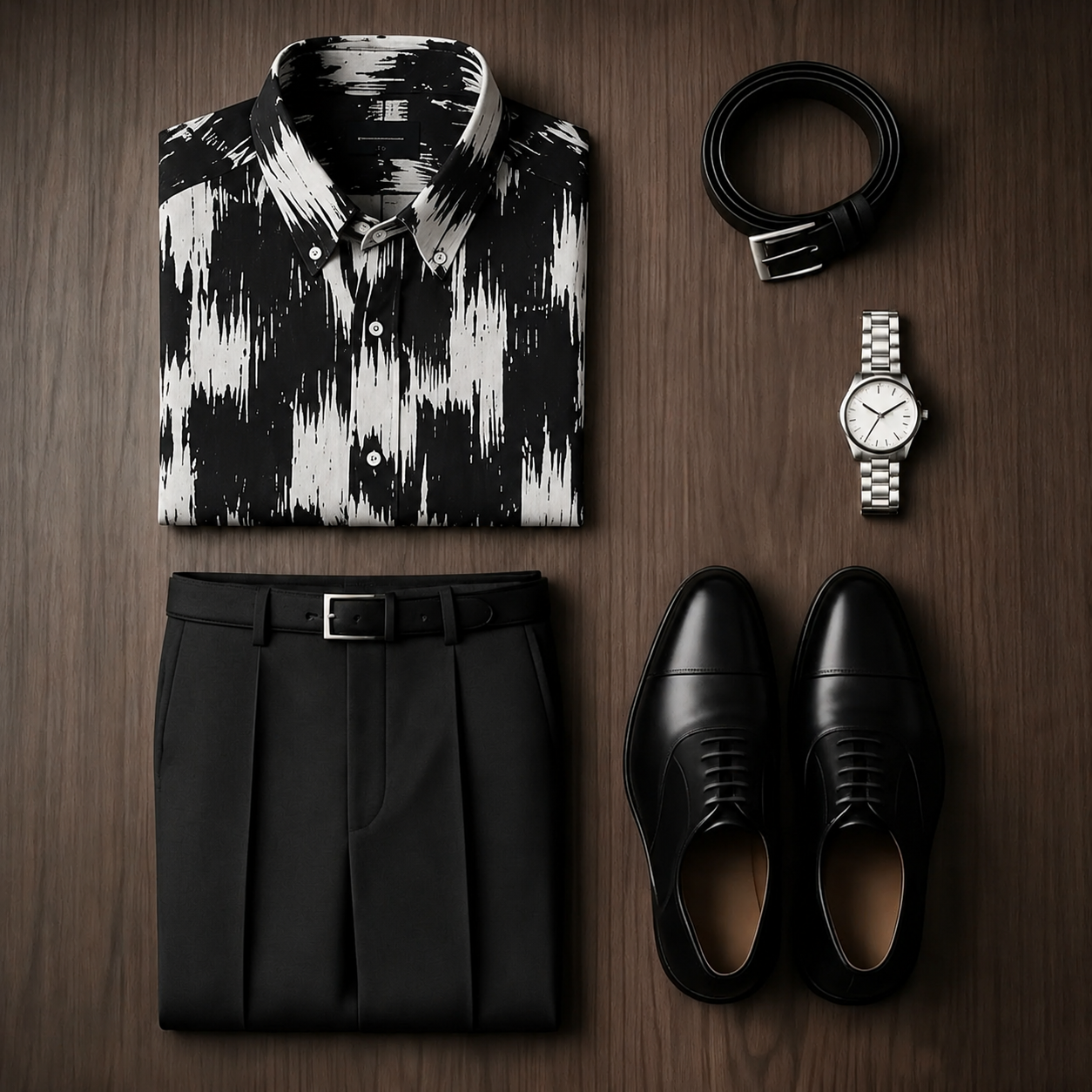 Men's Black‑White Printed Long Sleeves Shirt & Black Dress Pants Two‑Piece Set