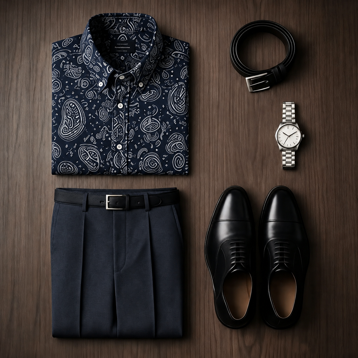 Men's Navy Paisley Long Sleeves Shirt & Navy Dress Pants Two‑Piece Set