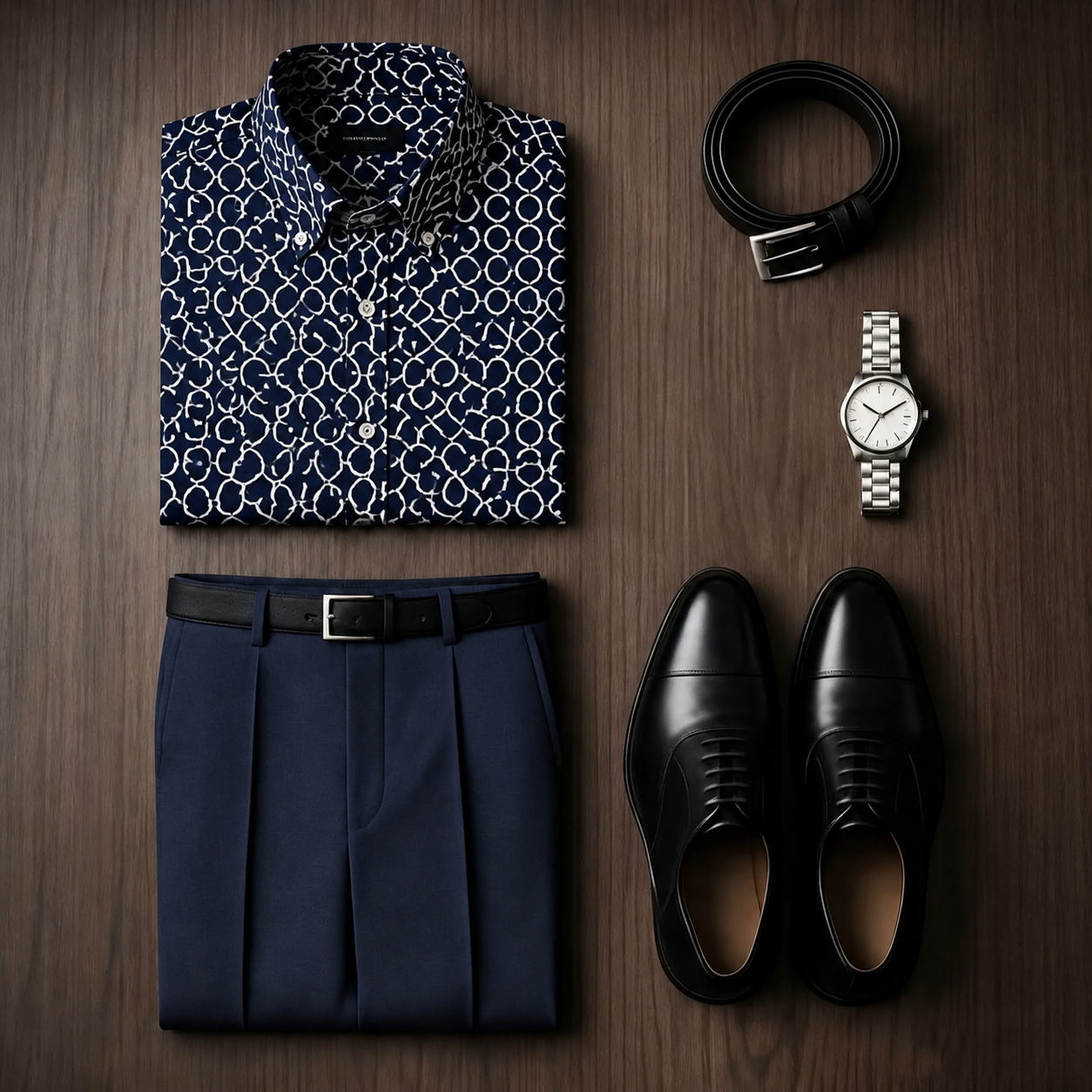 Men's Navy Geometric Long Sleeves Shirt & Navy Dress Pants Two‑Piece Set