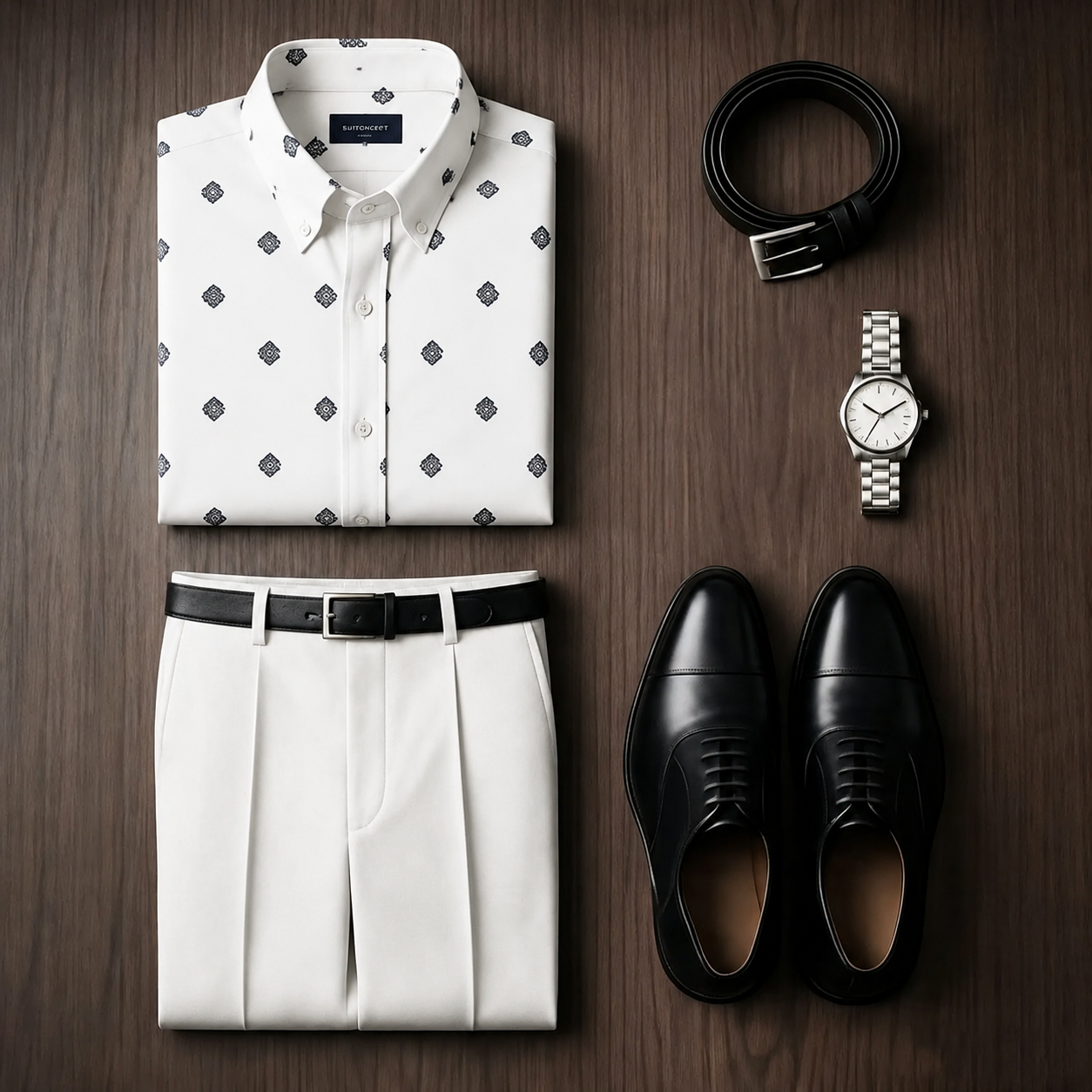 Men's White Patterned Long Sleeves Shirt & White Dress Pants Two‑Piece Set