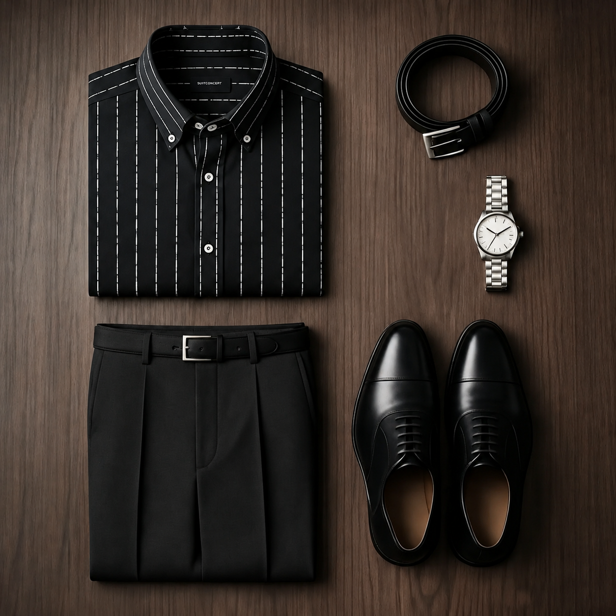 Men's Black White Striped Long Sleeves Shirt & Black Dress Pants Two‑Piece Set