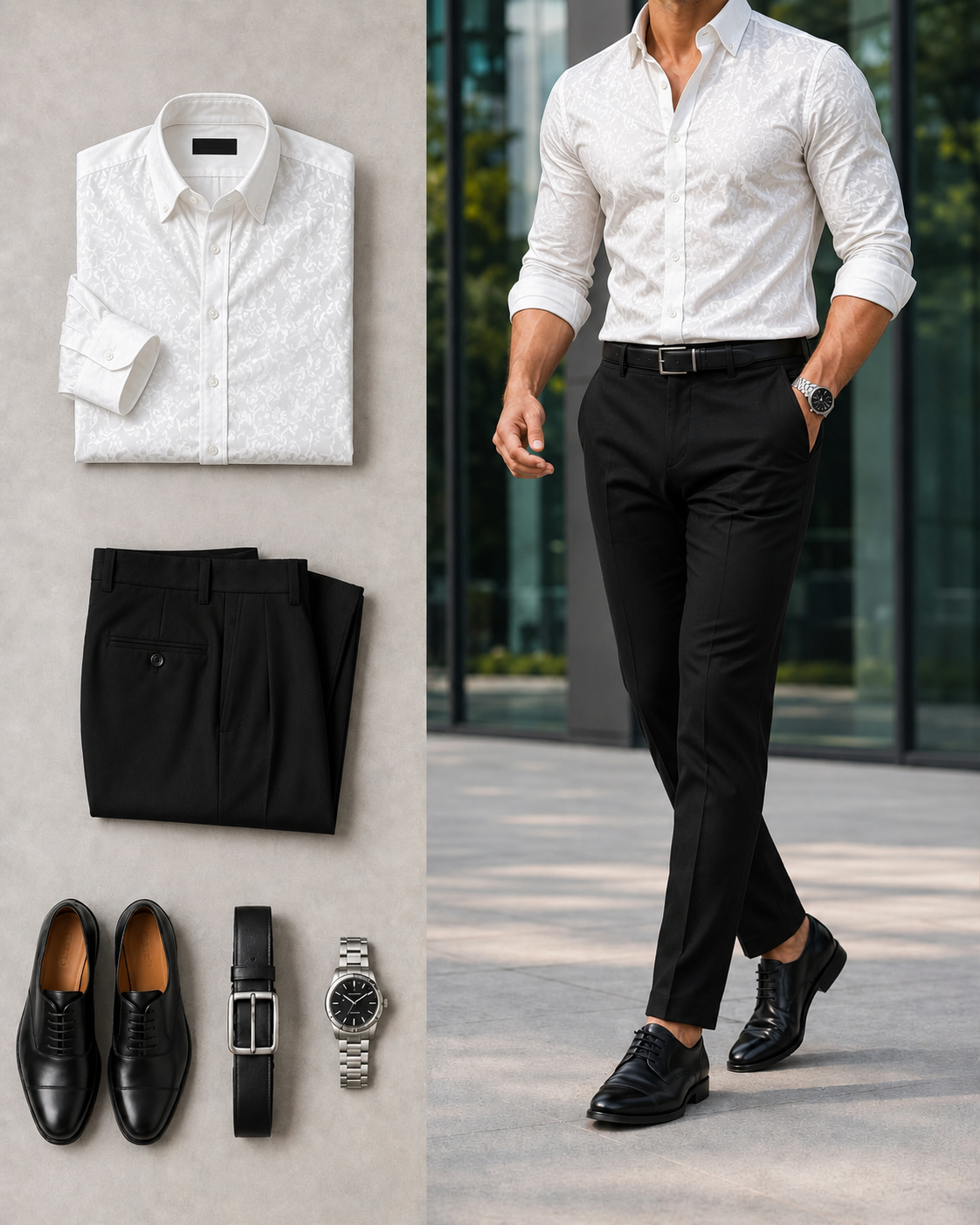 Men's White Floral Long Sleeves Shirt & Black Dress Pants Two-Piece Set