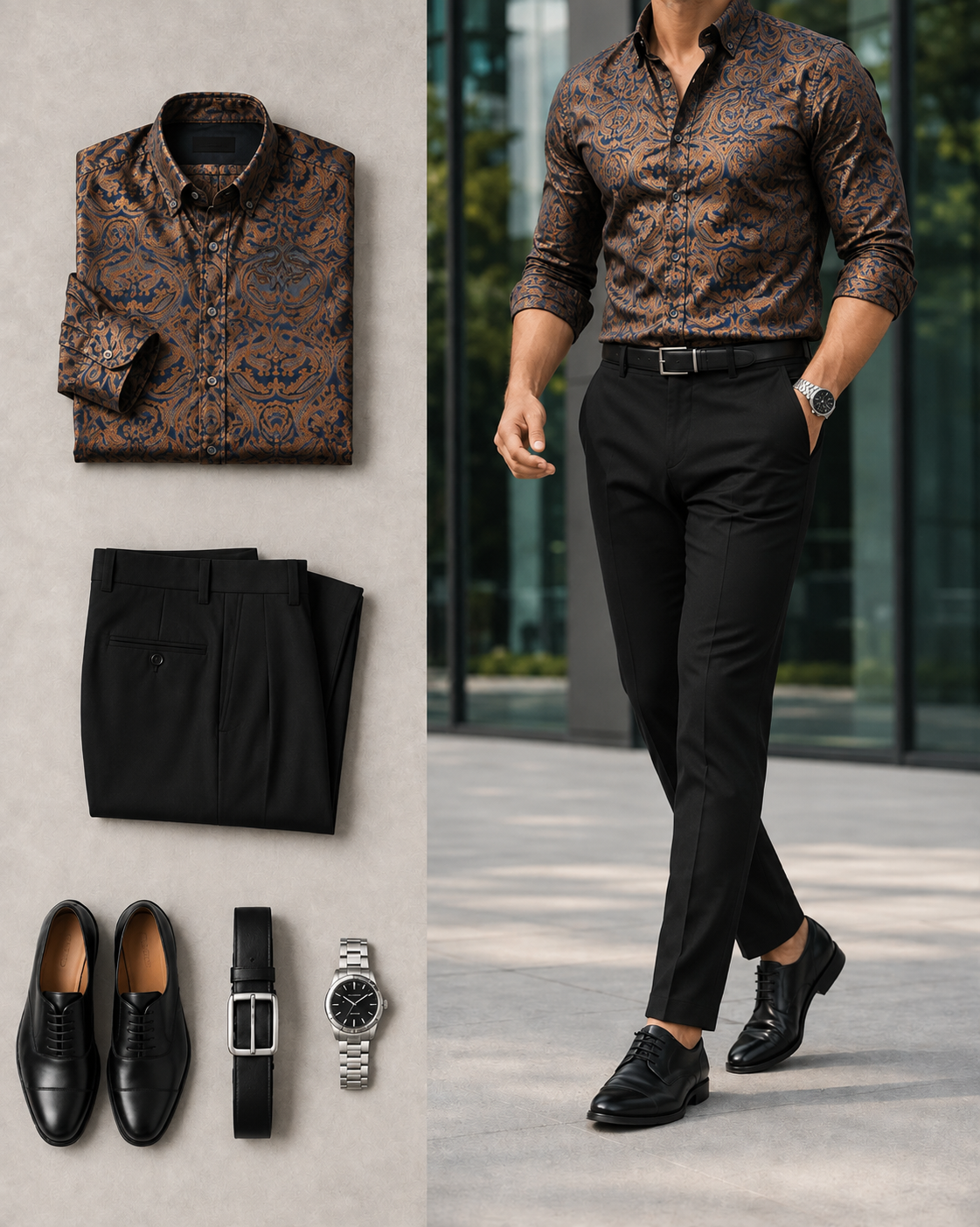 Men's Brown Paisley Long Sleeves Shirt & Black Dress Pants Two-Piece Set
