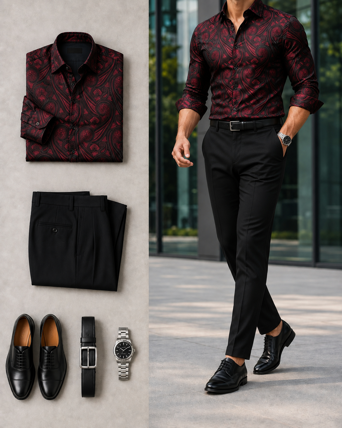 Men's Red Paisley Long Sleeves Shirt & Black Dress Pants Two-Piece Set