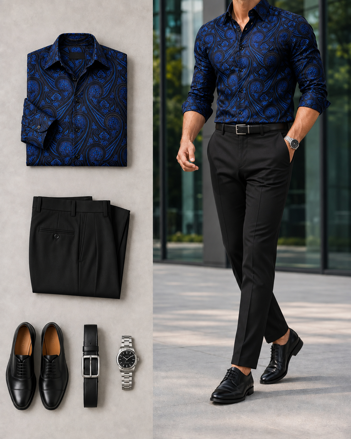 Men's Blue Paisley Long Sleeves Shirt & Black Dress Pants Two-Piece Set