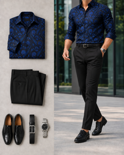 Men's Blue Paisley Long Sleeves Shirt & Black Dress Pants Two-Piece Set