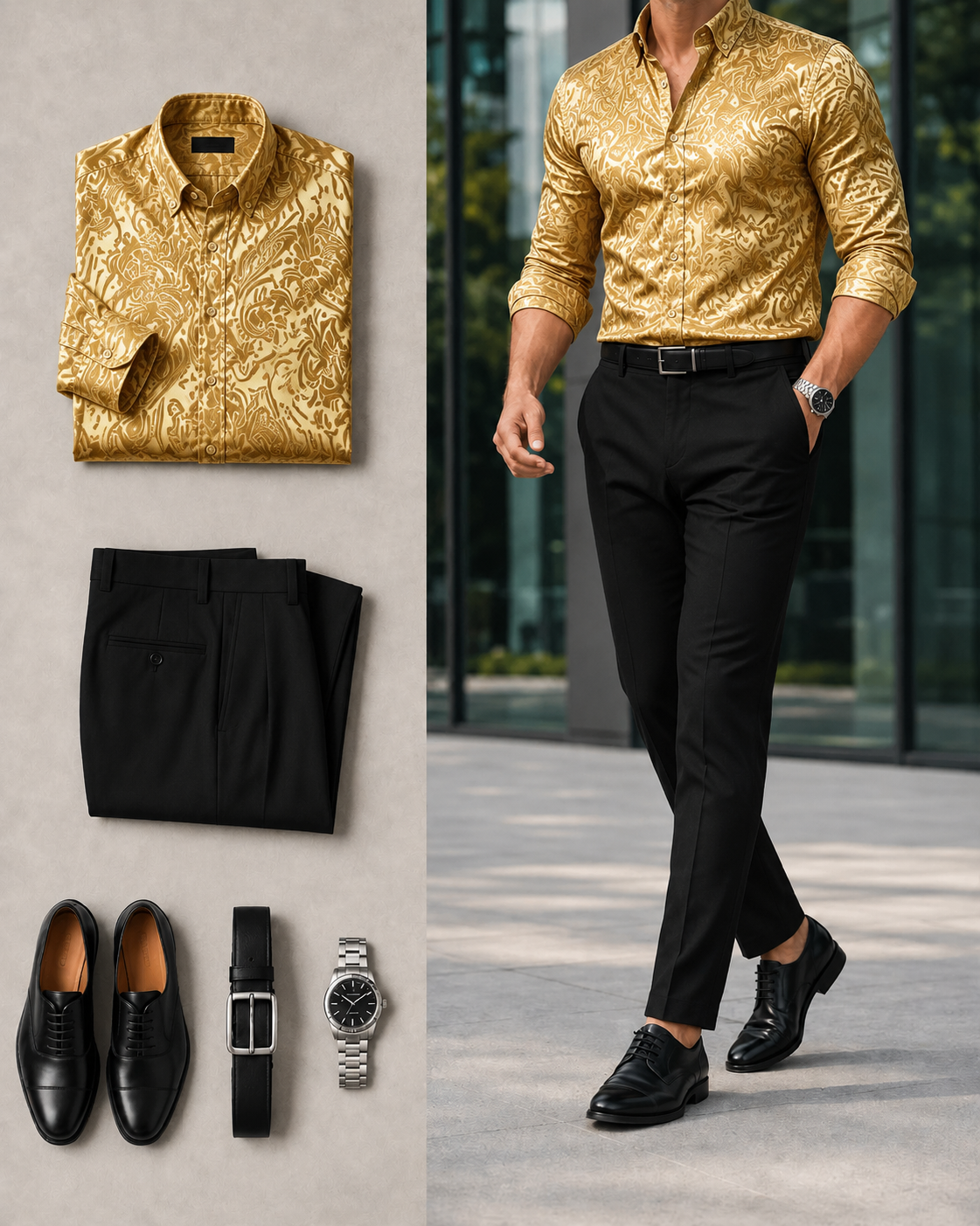 Men's Gold Paisley Long Sleeves Shirt & Black Dress Pants Two-Piece Set