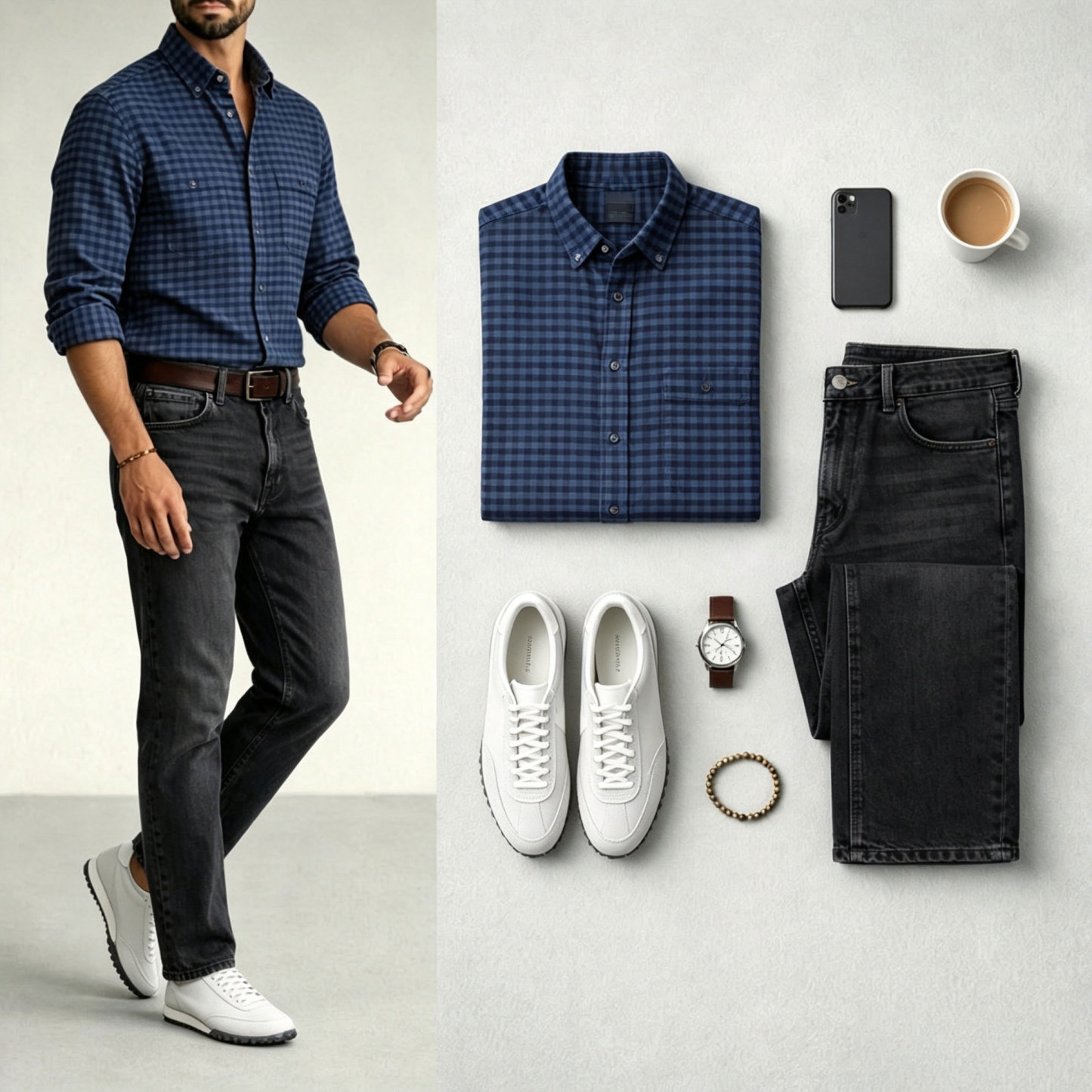 Men's Navy Blue Color Matching Retro Style Plaid Printed Lapel Collar Long Sleeves Shirt & Jeans Two-Piece Set