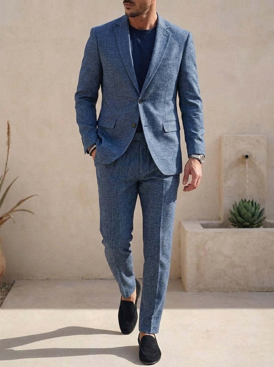 Men's Business Casual Navy Blue Retro Style Short Sleeves T-Shirt & Pants & Blazer 3pcs Set