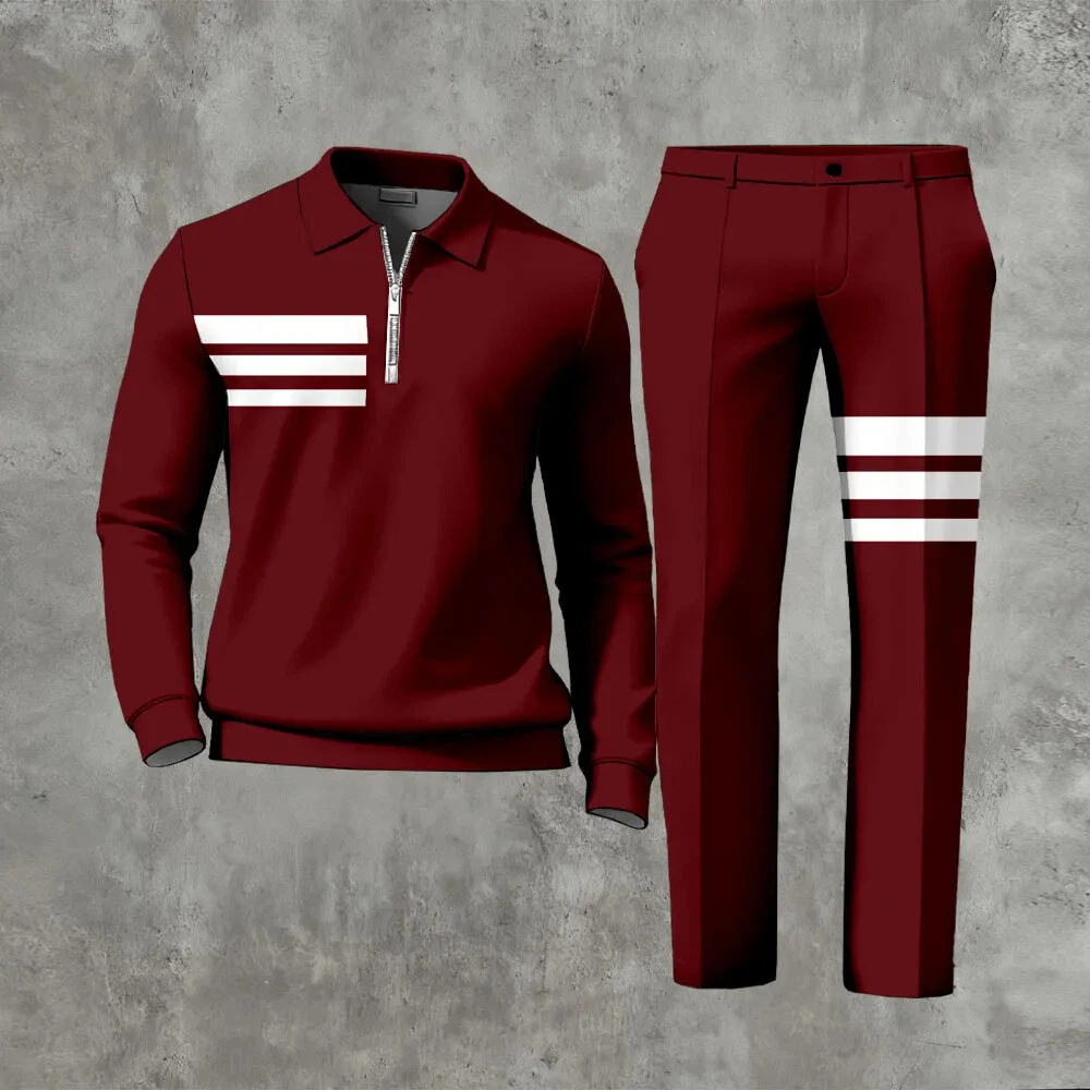 Men's Casual Color Matching Printed Polo-Collar Zipper Long Sleeved Tr