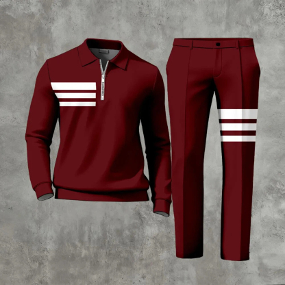 Men's Casual Color Matching Printed Polo-Collar Zipper Long Sleeved Trousers Two-Piece Set 1020