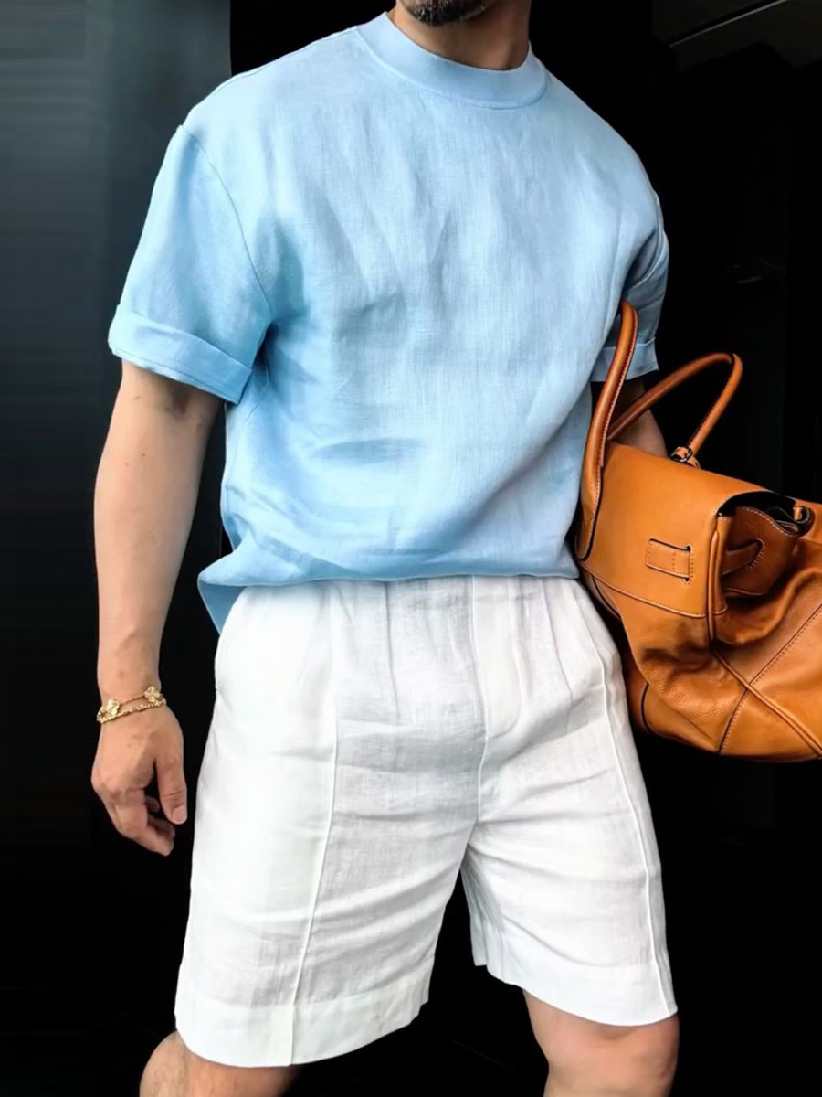 Premium Linen-Blend Mandarin Collar Short Sleeves Suit-Blue & White
