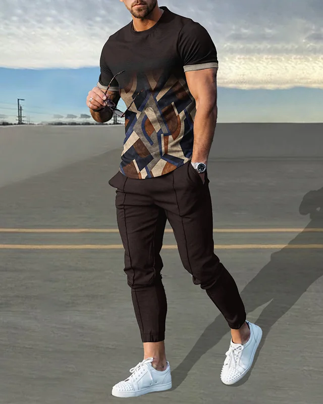  Men's simple contrast color short-sleeved trousers suit 