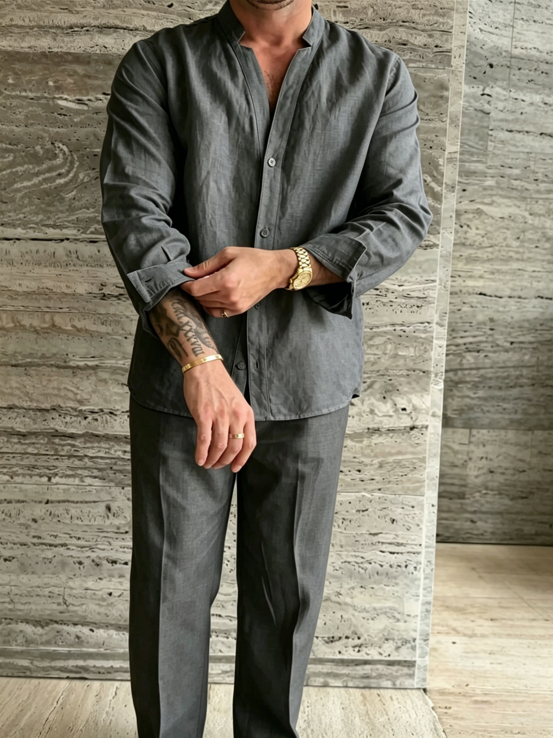 Premium Linen-Blend Mandarin Collar Suit
