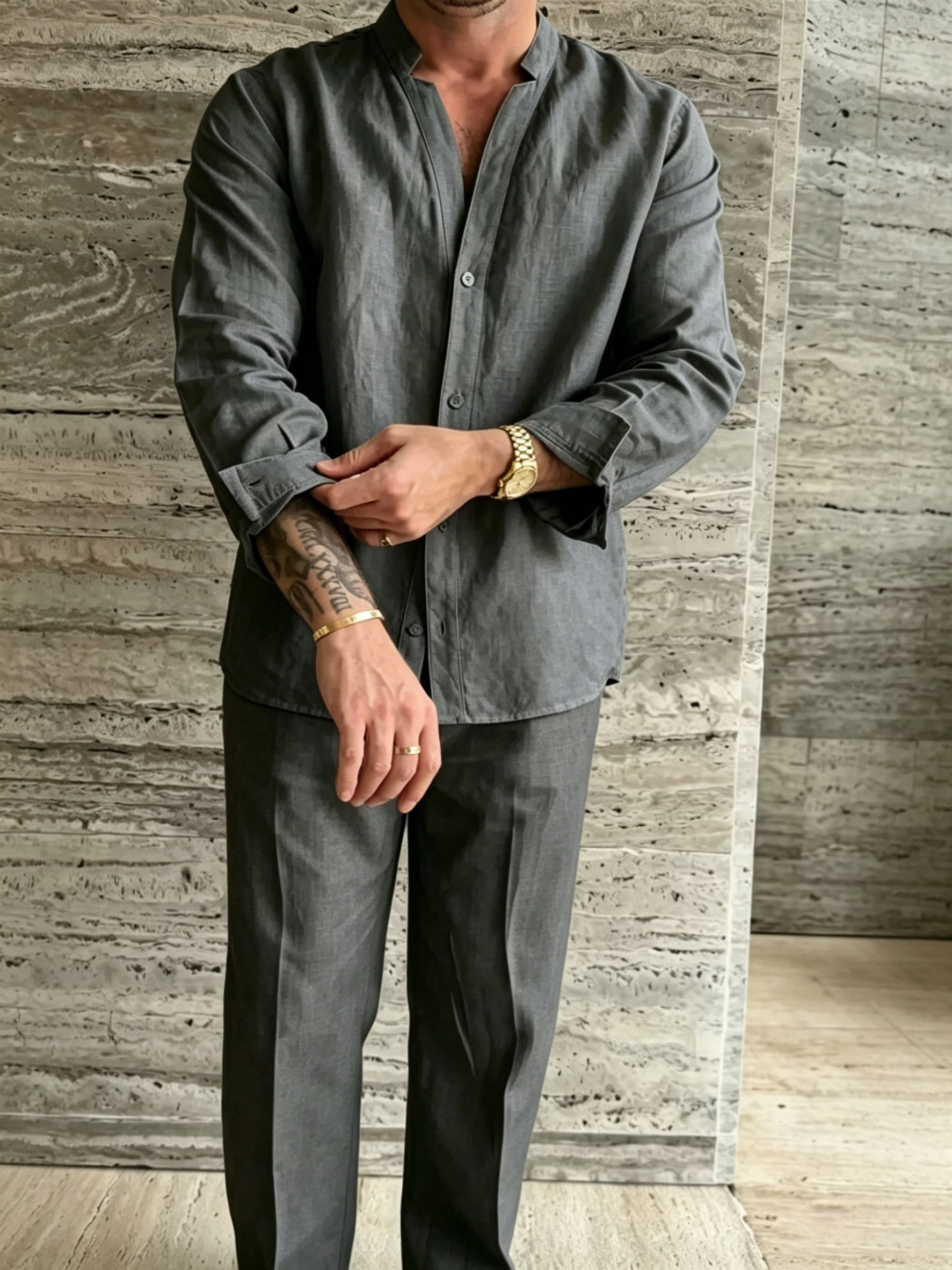 Premium Linen-Blend Mandarin Collar Suit