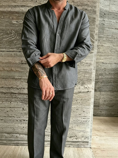 Premium Linen-Blend Mandarin Collar Suit