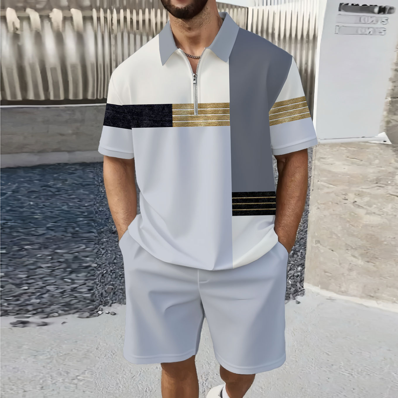 Men's Fashion Casual Zipper Polo Collar Geometric Printed Short-Sleeved Two-Piece Set