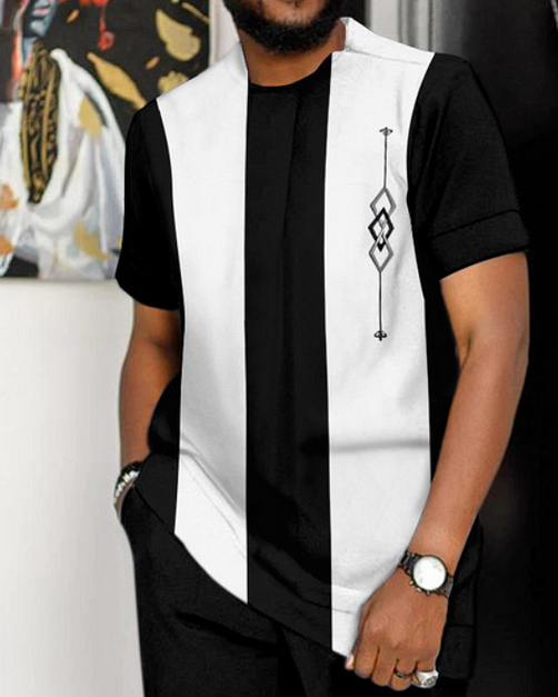 Men's Colorblock Print Short Sleeve Sports Walking Suit