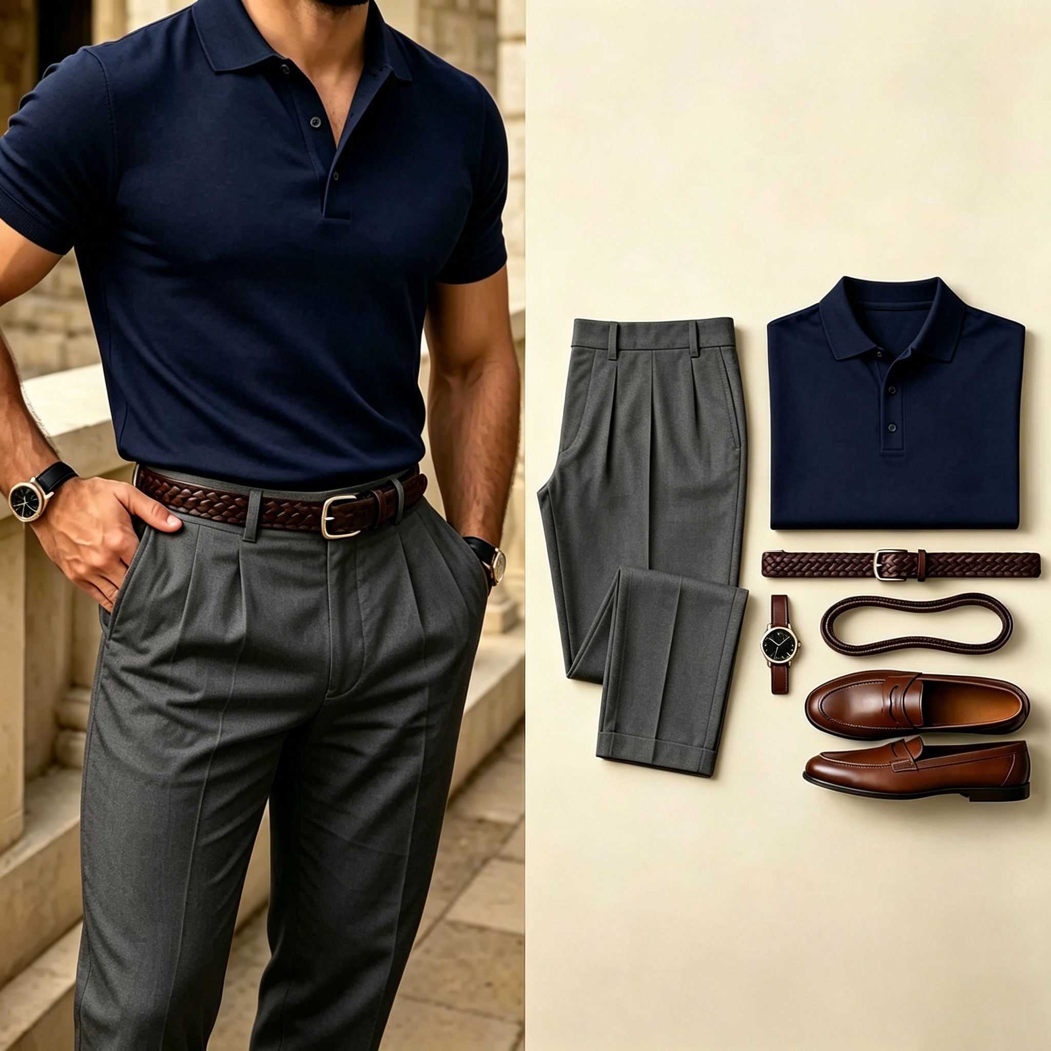 Men's Casual Color Matching Short Sleeves Polo Shirt & Pants Two Piece Set