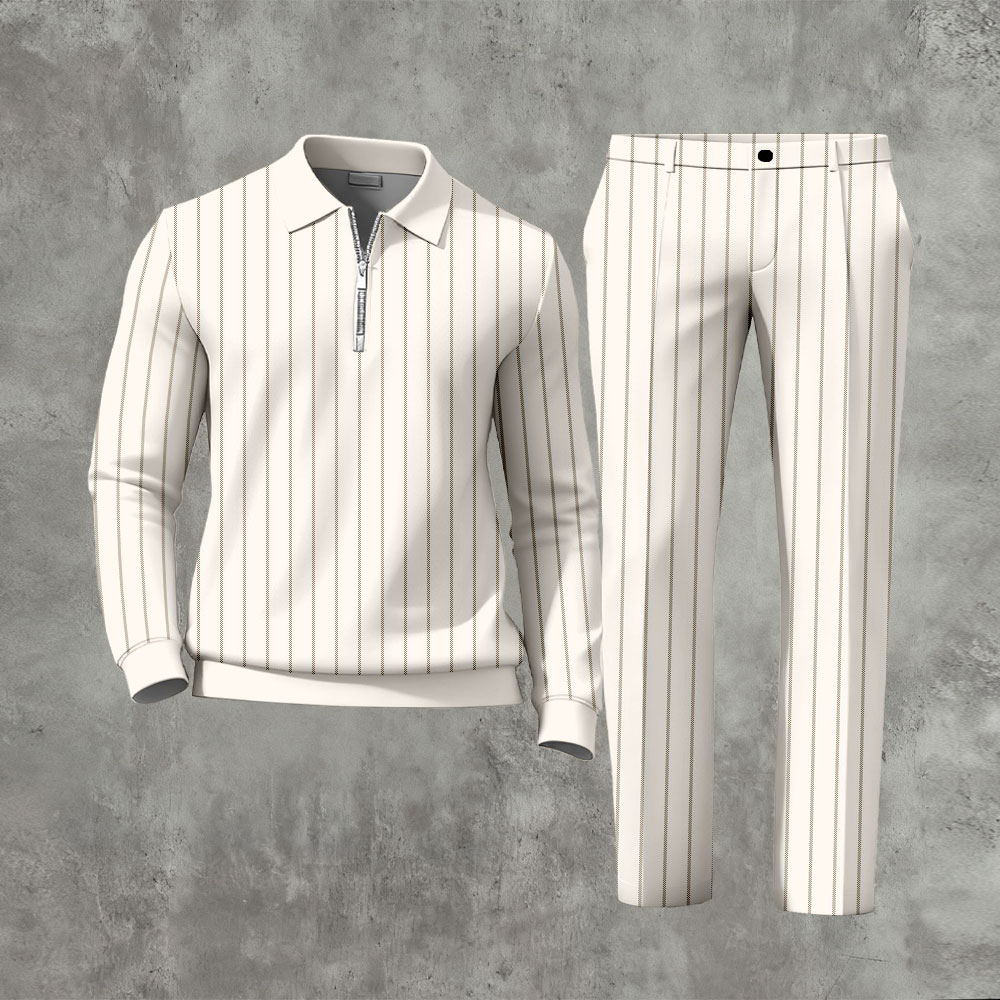 Men's Casual Beige & Green Color Matching Striped Printed Zipper Long Sleeved Polo Shirt & Trousers Two-Piece Set