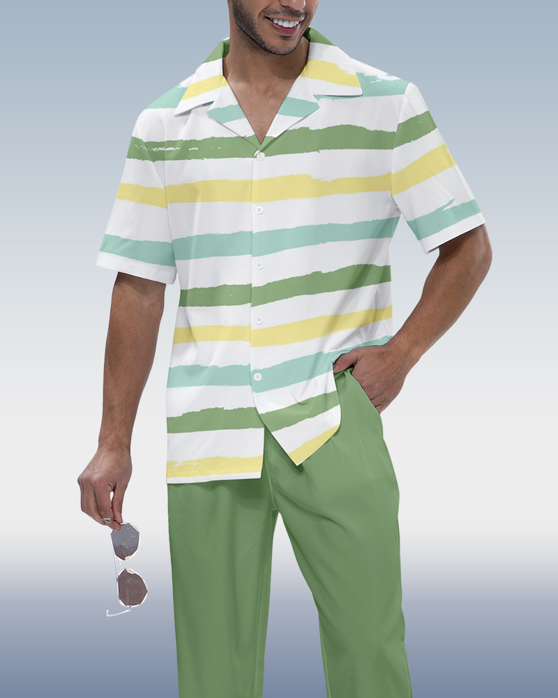 Men's Striped Print Short Sleeve Shirt Walking Set
