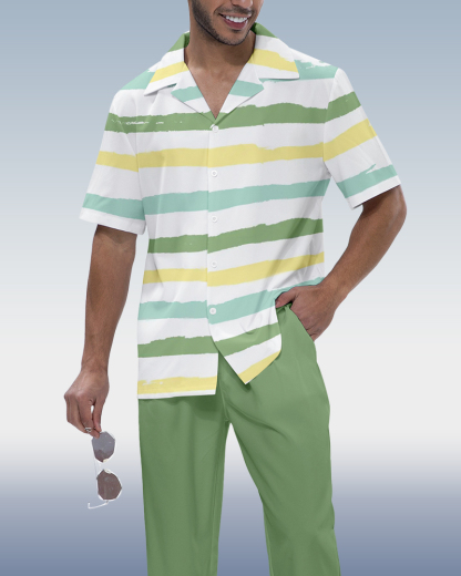 Men's Striped Print Short Sleeve Shirt Walking Set