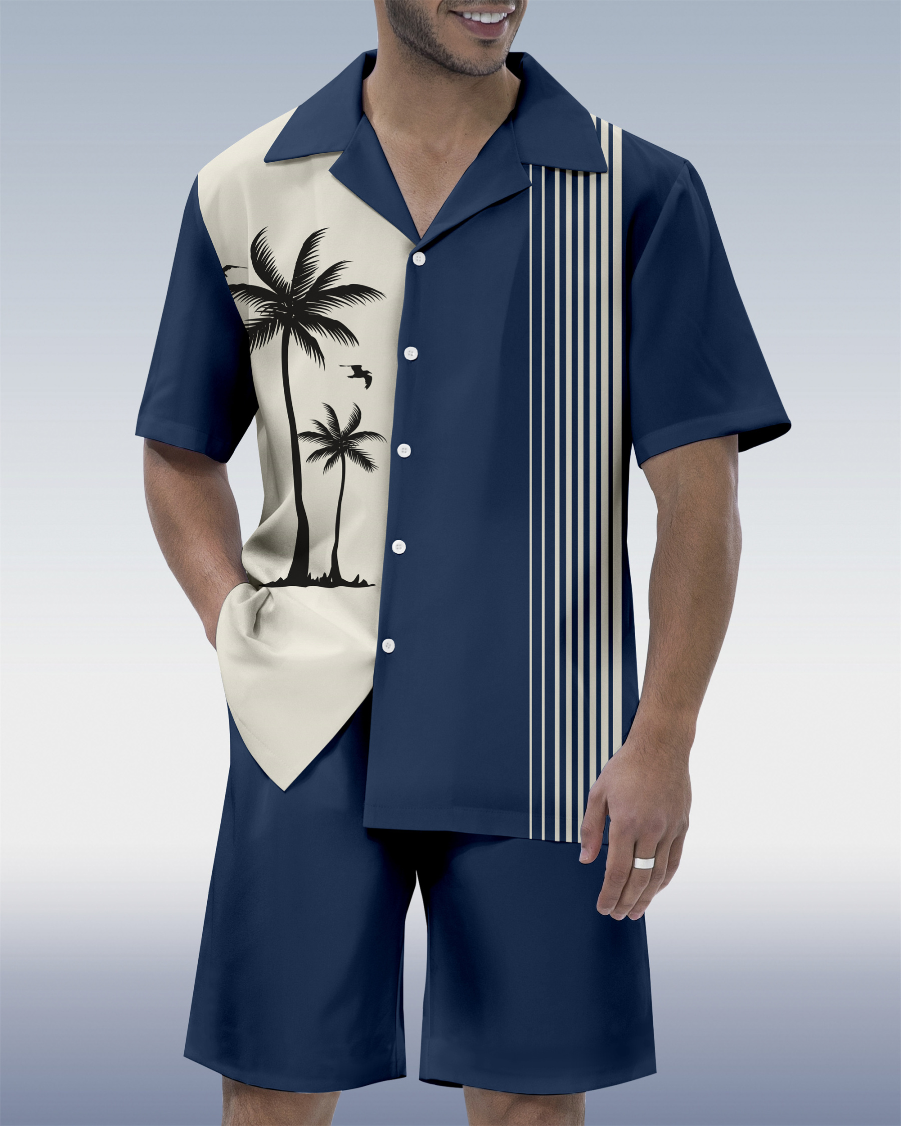 Men's Hawaiian Tiki Party Print Cuban Collar Short Sleeve Shirt Set
