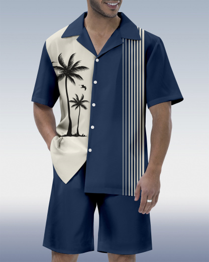 Men's Hawaiian Tiki Party Print Cuban Collar Short Sleeve Shirt Set