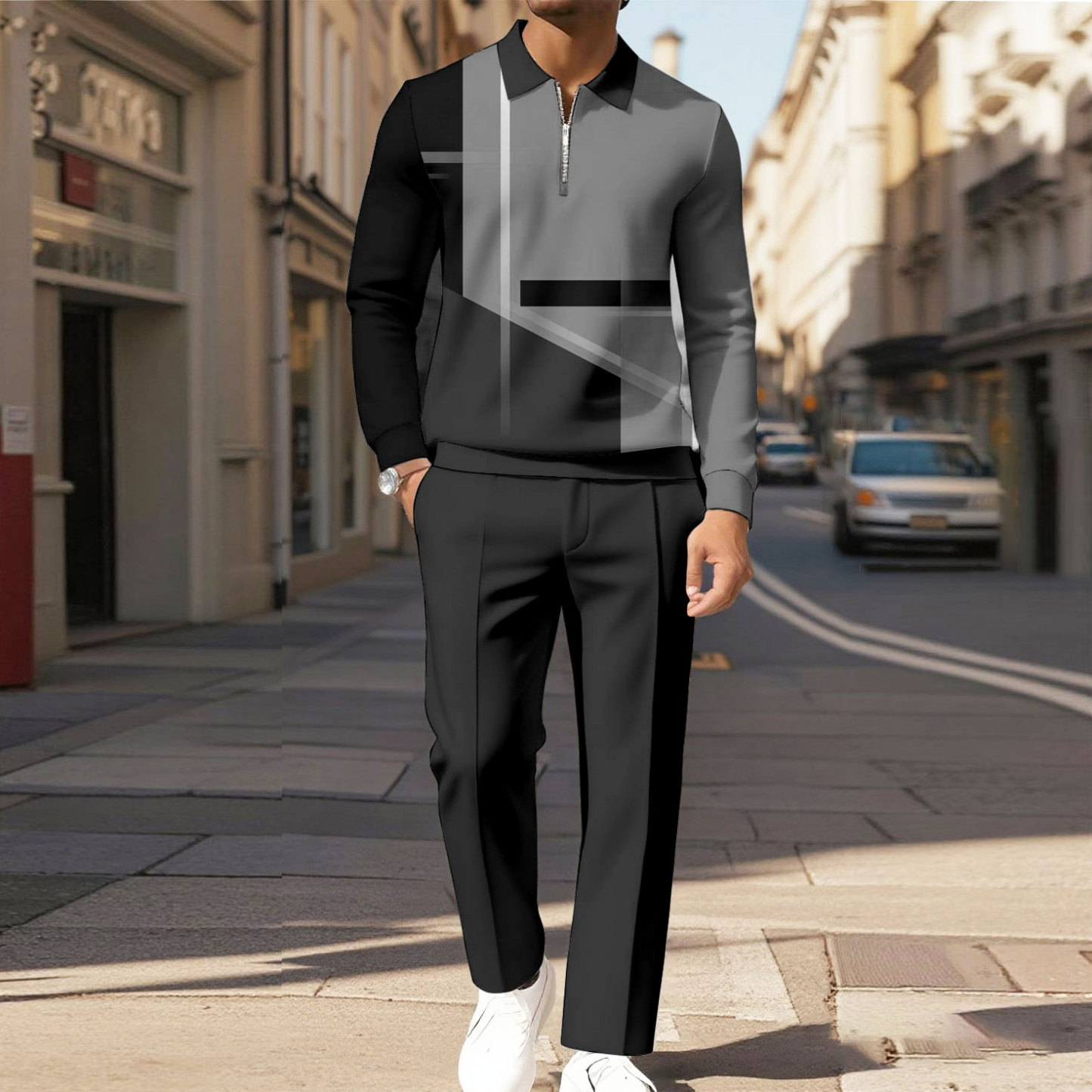 Men's Casual Color Matching Printed Polo-Collar Zipper Long Sleeved Tr