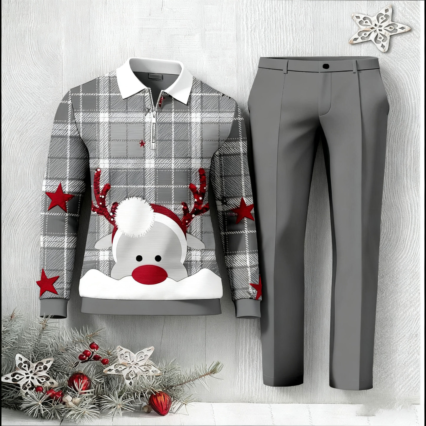 Men's Christmas Color Matching Printed Polo-Collar Zipper Long Sleeved