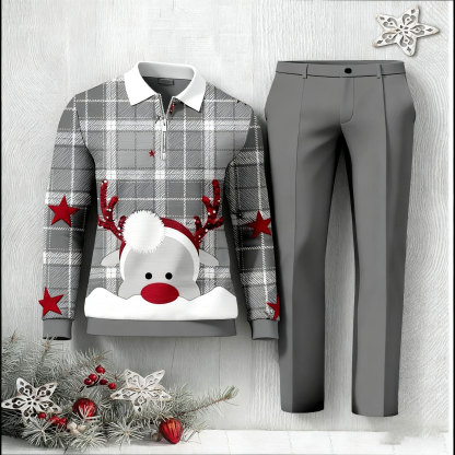Men's Christmas Color Matching Printed Polo-Collar Zipper Long Sleeved Trousers Two-Piece Set