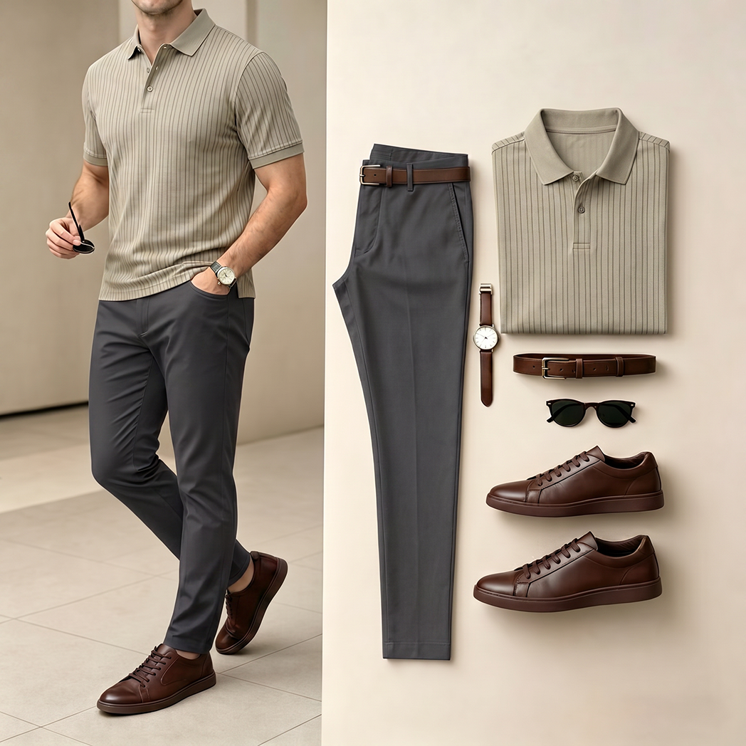 Men's Khaki Color Striped Printed Short Sleeved Polo Shirt & Pants Two-Piece Set