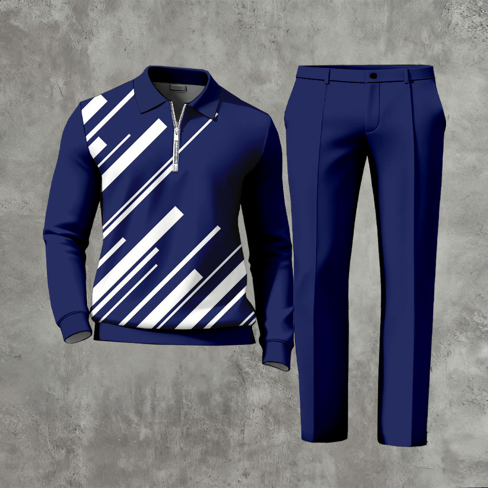 Men's Casual Royal Blue & White Striped Printed Color Matching Printed Zipper Long Sleeved Polo Shirt & Trousers Two-Piece Set
