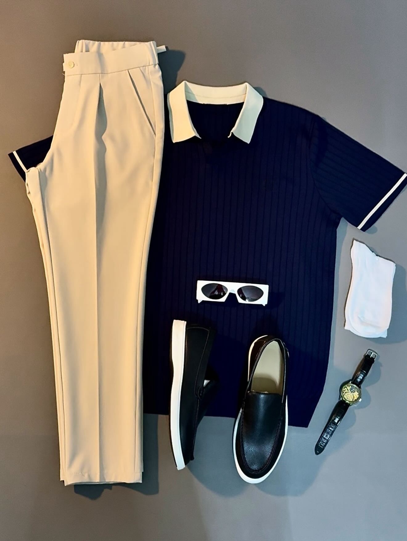 Men's Casual Vertical‑Ribbed Contrast Collar Short‑Sleeve Polo Shirt & Trousers Two‑Piece Set