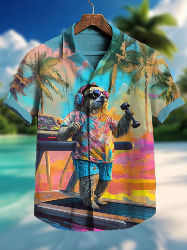 Men's Sloth Wearing Headphones Art Print Short Sleeve Shirt