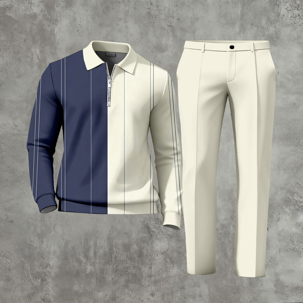 Men's Casual Beige & Navy Blue Color Matching Striped Printed Zipper L