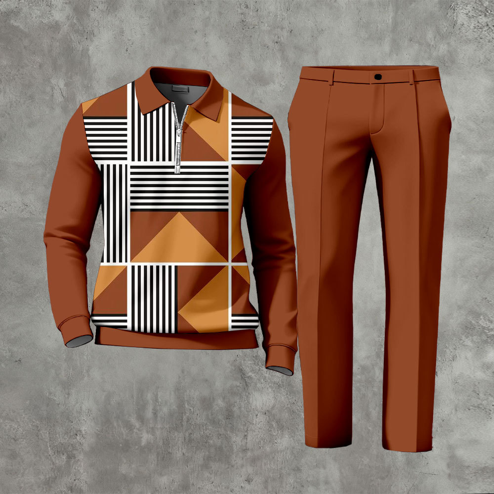 Men's Casual Multi Orange & Black White Color Matching Geometric Print