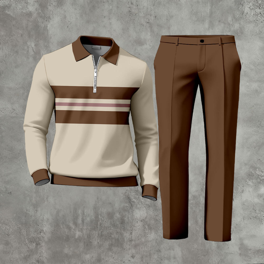 Men's Casual Brown & Khaki Color Matching Printed Zipper Long Sleeved 