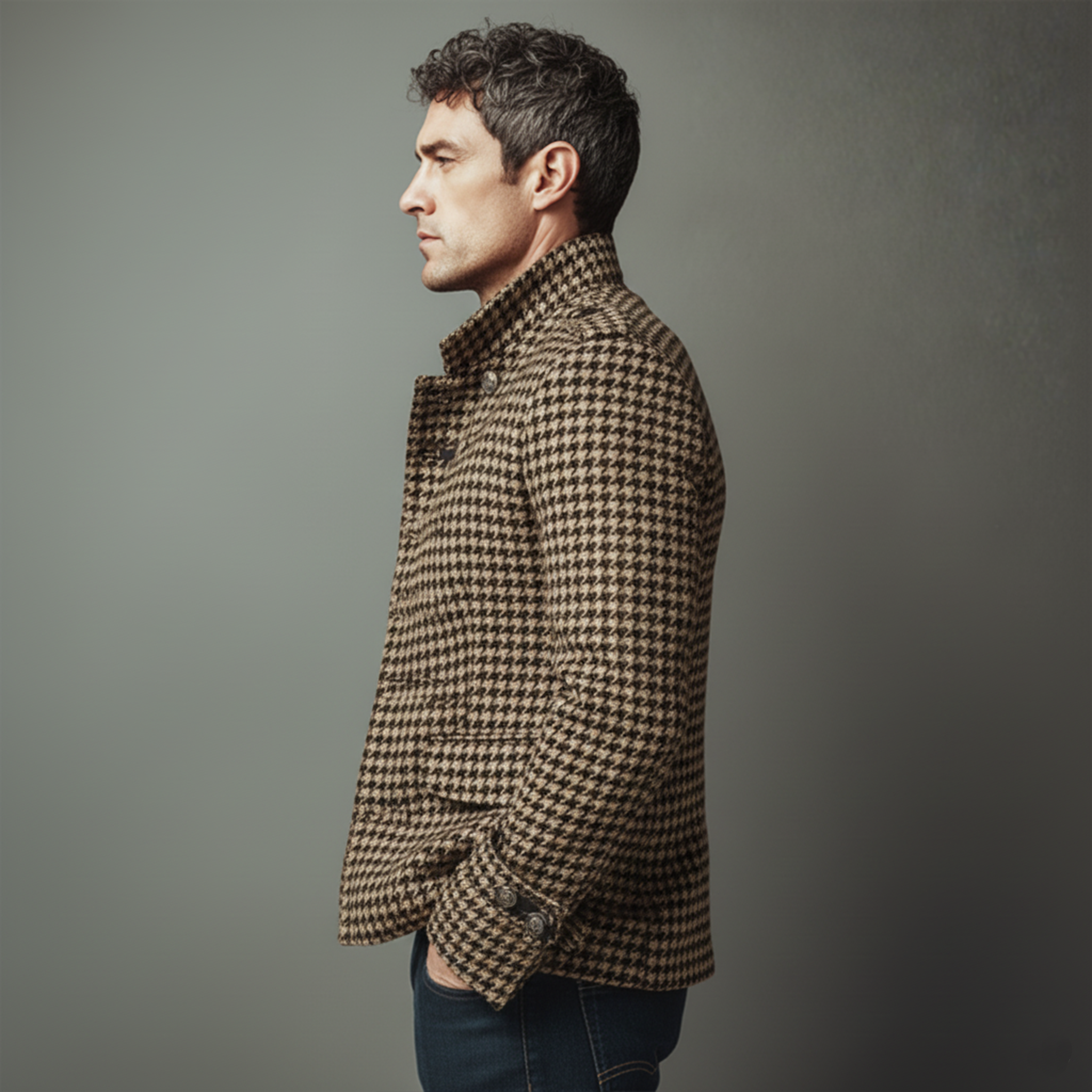 Men's Classic Retro Stand Collar Houndstooth Wool Single-breasted Slim-fit Jacket