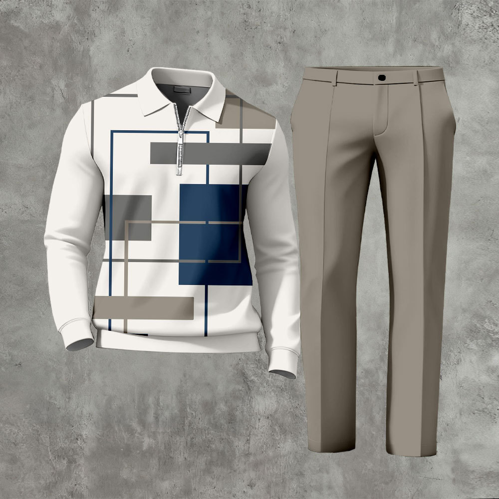 Men's Casual Color Matching Printed Polo-Collar Zipper Long Sleeved Tr
